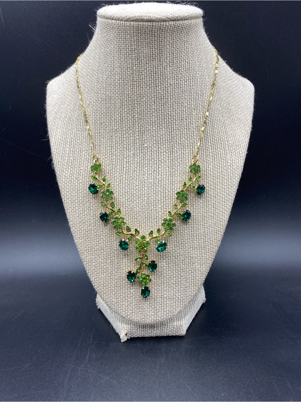 Green Floral Rhinestone Statement Drop Necklace